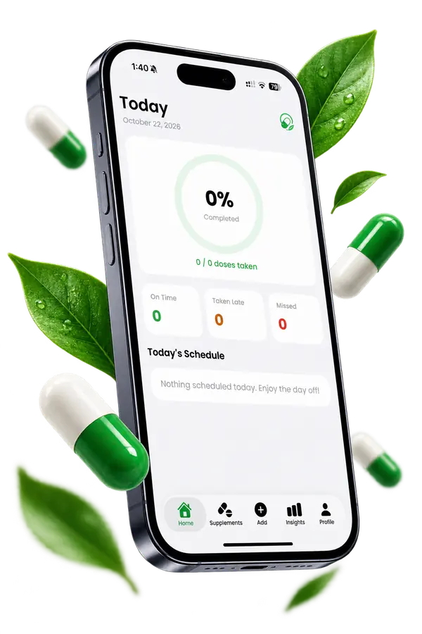 Suppry's Home screen on an iPhone, with capsules and leaves around it
