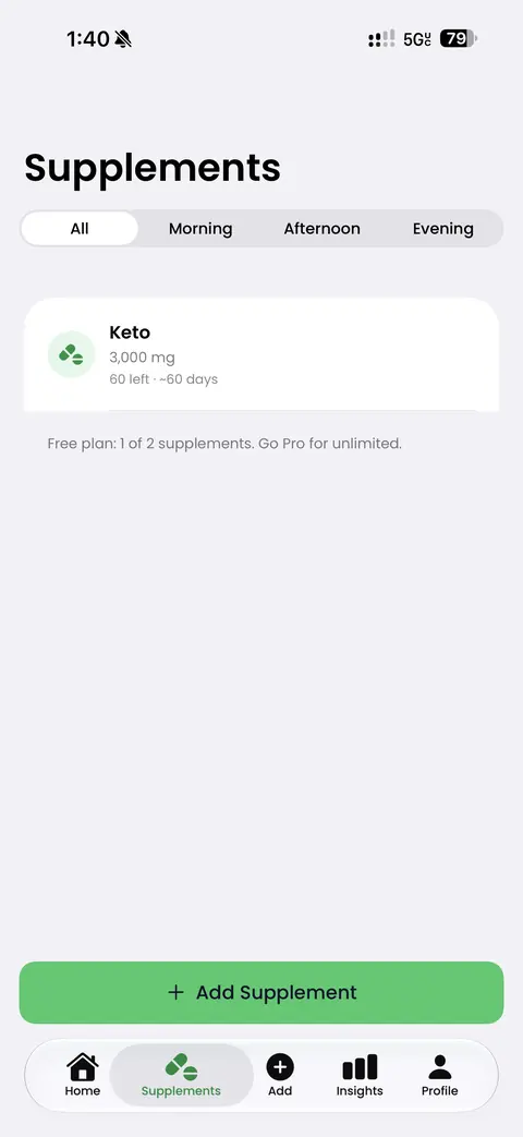 Supplements list with Morning, Afternoon and Evening filters